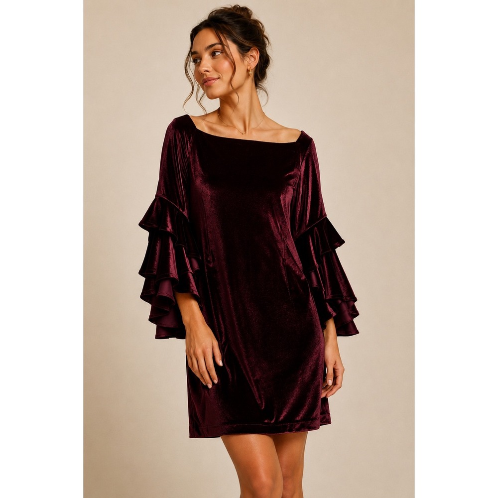 Tahari Velvet Sheath Mini Dress Size 6 Burgundy Ruffle Sleeve Cocktail Holiday - Picture 1 of 7